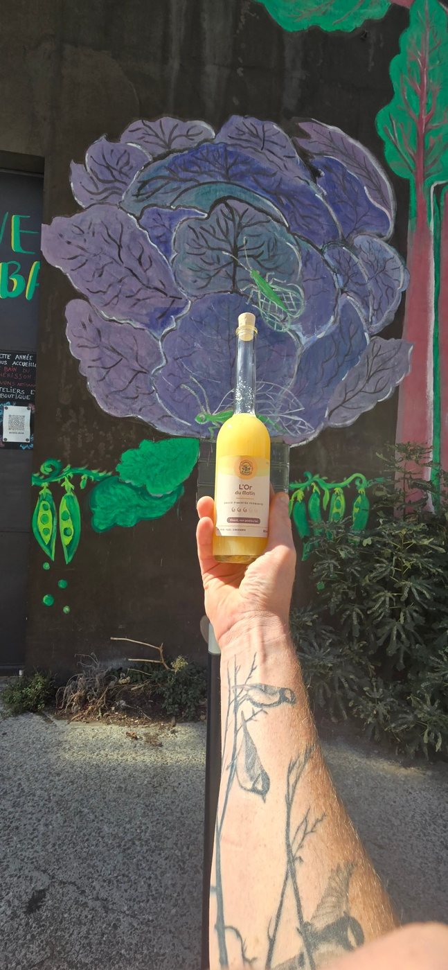 Bouteille de sauce pimentée fermentée « L'Or du Matin » tenue devant une fresque murale