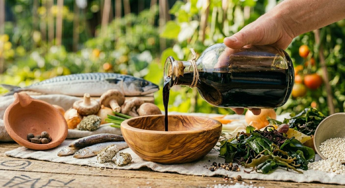 Bouteilles de shoyu et garums artisanaux