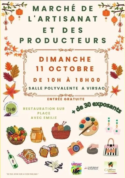 Affiche du Marché de l'artisanat et des producteurs, dimanche 11 octobre de 10h à 18h, salle polyvalente à Virsac, entrée gratuite, plus de 30 exposants
