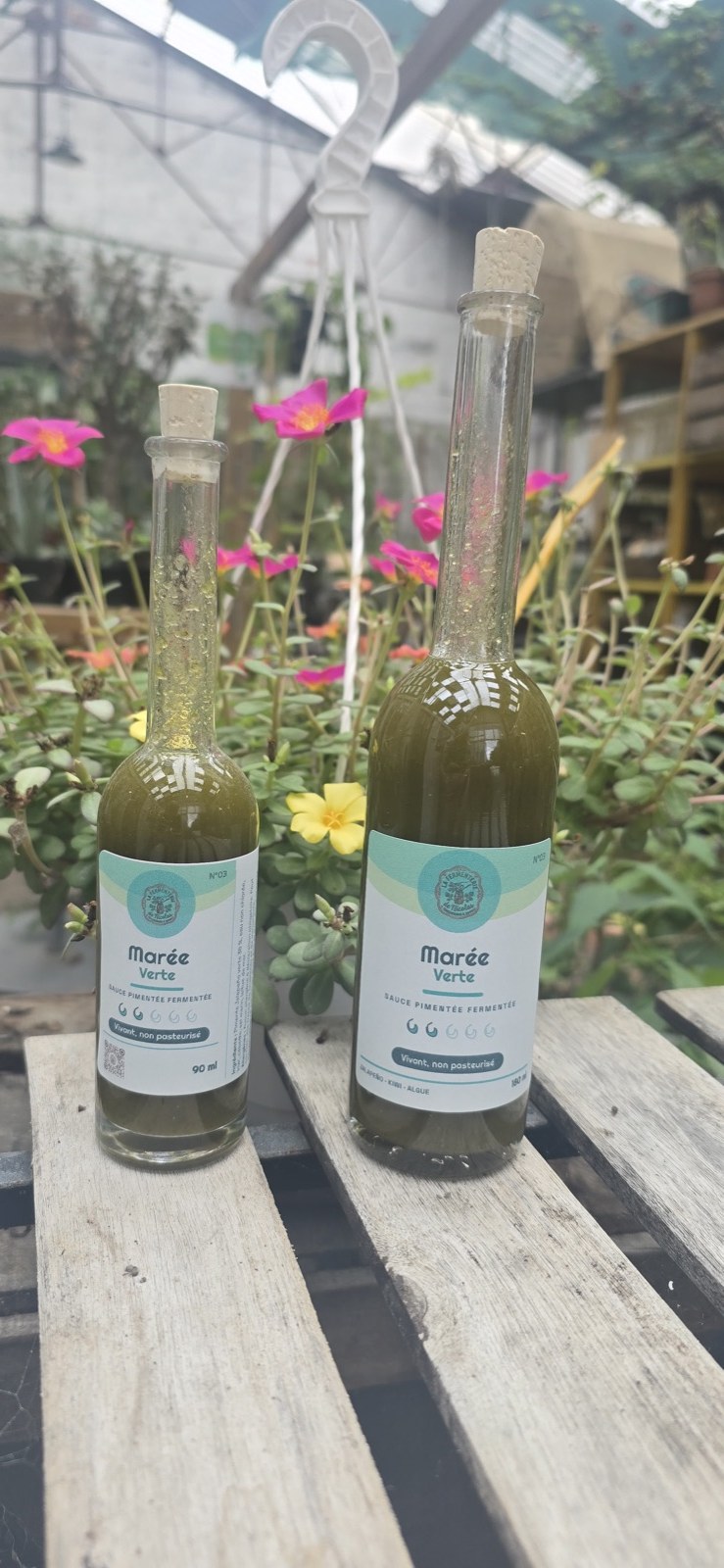 Deux bouteilles de sauce pimentée fermentée verte « Marée Verte » de La Fermenterie de Nicolas