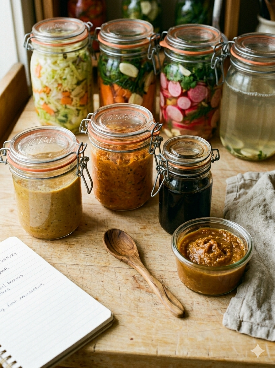 Sauces et condiments maison à base de légumes lactofermentés, miso et shoyu
